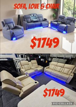 Brand New Sofa, Love Seat & Chair Power Recliner, LED Light Storage & Power Recliners $1749
