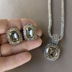 Smokey Gray Glass Pendant Necklace & Earring Set