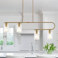 4 Light Nickel Kitchen Island Linear Glass Shade Chandelier for Living Bedroom Room with No Bulbs Included Black And Gold L21
