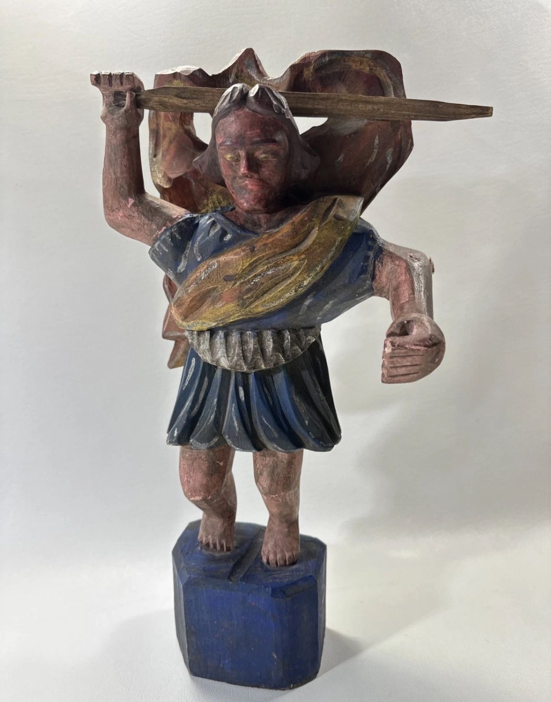 ANTIQUE WOOD POLYCHROME CARVED RELIGIOUS FIGURE STATUE WOODEN ART Angel Warrior