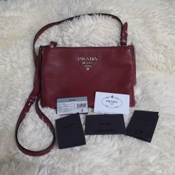 Prada Double Zip Crossbody Vitello Phenix Rubino Red Leather Purse Bag 1BH046