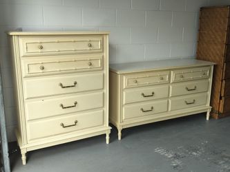 Vintage Faux Bamboo Florida Furniture Industries 5 Drawer Tall Boy and 6 Drawer Low Boy Dresser.