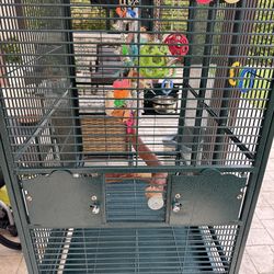 Parrot cage with toys