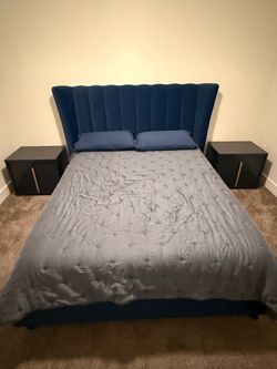 Queen Bed Frame & 2 Nightstands Set (Blue/Gold) - 3 Months Old - Like New