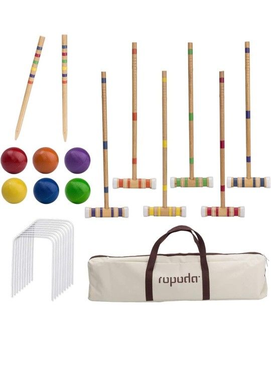 ropoda Six-Player Croquet Set with Wooden Mallets, Colored Balls, Sturdy Carrying Bag
