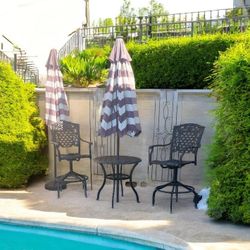 3 Piece Patio Bistro Umbrella Table And Barstools Chairs  Black 