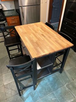 MOVING SALE – IKEA Butcher Block Kitchen Island + 4 Counter-Height Chairs – MUST GO TODAY – $225