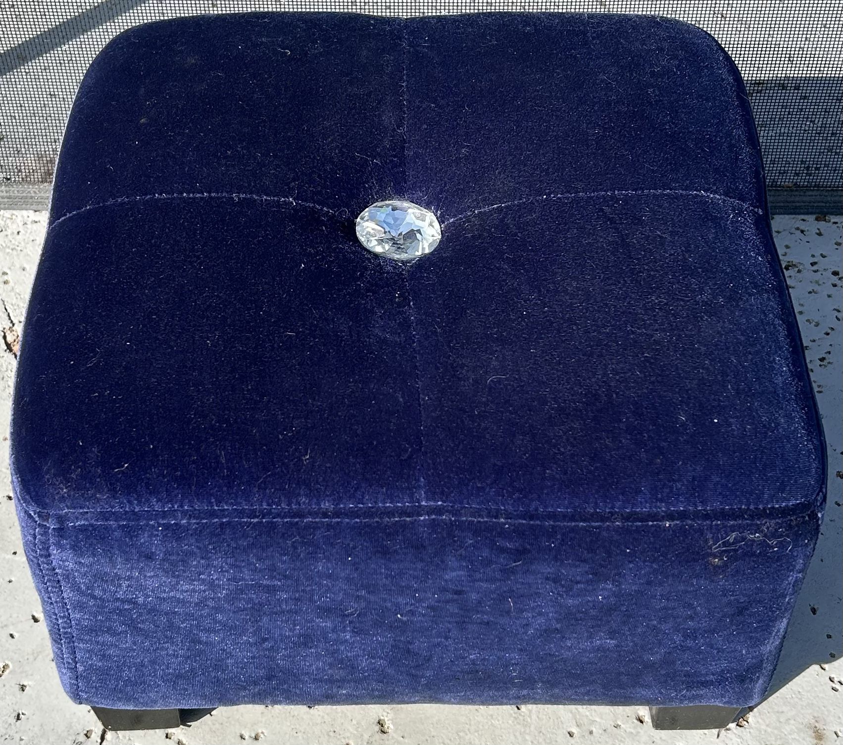 Luxurious Small Deep Blue Velvet Square Footstool - Ottoman - Crystal Tuft (Read Description)