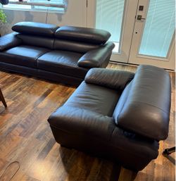 Dark Black Leather Sofa and Chair Set