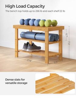Shoe Rack Bench, 3-Tier Bamboo Shoe Storage Organizer, Entryway Bench, Holds Up to 286 lb, 11.3 x 27.6 x 17.8 Inches, for Entryway Bathroom Bedroom, I