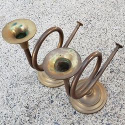 Vintage Mid Century Brass Horn Shaped Candle Stick Holders, Classic Contemporary Modern Art Decor 9 inches tall!
