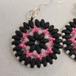 Beaded Pink And Black Floral Earrings Handmade 