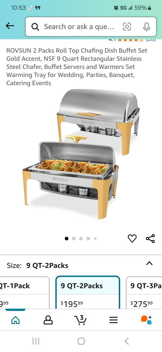 ROVSUN 2 Packs Roll Top Chafing Dish Buffet Set Gold Accent, NSF 9 Quart Rectangular Stainless Steel Chafer, Buffet Servers and Warmers Set Warming