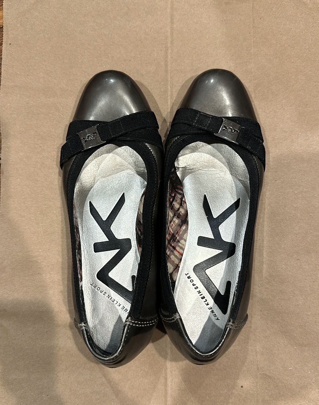 Shiny gray metallic wedge heels (sz 6)