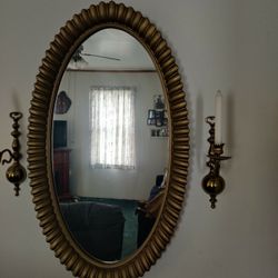Large Beautiful Gold Mirror With 2 Candle Holder Sconces