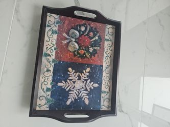 Large Wooden Christmas Serving Tray with Handles - Wreath & Snowflake Design
