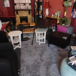 Wood Bench .TV Swivel Holder .Black Table Long.2 White End Tables And Brown Automan Has Storage Inside Also   All For Only 25   .Automan Brown Is 