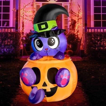 5 FT Tall Halloween Inflatable Cute Witch's Cat Pumpkin Inflatable Yard Decoration Build in LEDs Blow Up Inflatables Halloween Party Indoor Outdoor Ya