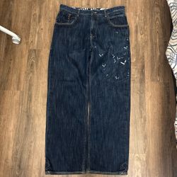 Dark Wash Baggy Jeans with Embroidery