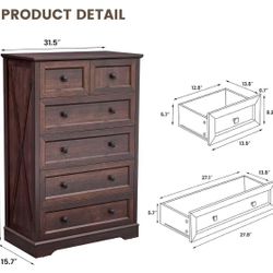 🥨6 Drawer Dresser, Dressers Chest of Drawer for Bedroom Organizer Storage, 48" Tall Dresser, Wood Dressers Storage Cabinet for Living Room, Entryway