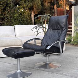 Danish Modern Black Leather Swivel Recliner Chair w/ Ottoman KEBE MCM (FREE DELIVERY 🚚)
