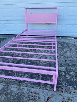 Pink Twin size bed Frame, LED lights, charging station- FREE Mattress- READ Description