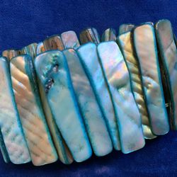 Wide Sea Shell Blue Boho Art Cuff Stretch Bracelet 
