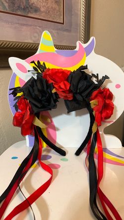 Mexican Holloween Black and Red Floral Headband with Ribbons