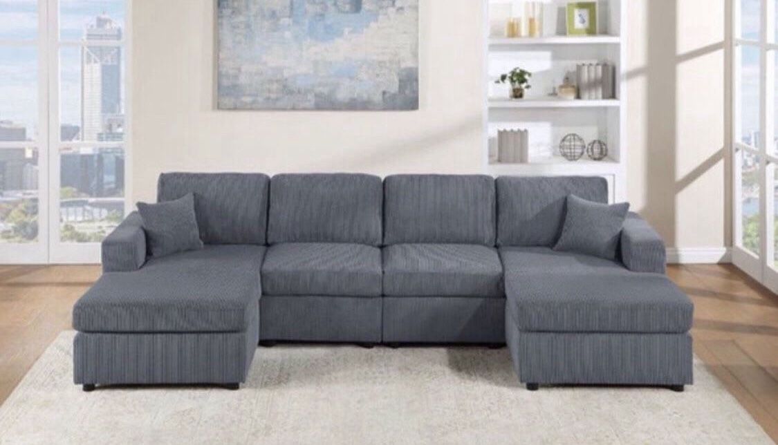 New Dark Or Light Gray Corduroy Double Chaise Sectional Sofa Couch