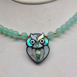 ABALONE OWL WITH SEMI PRECIOUS STONES 