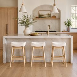 24” Counter Height Saddle Bar Stools Cream & Natural Wood – Set of 3
