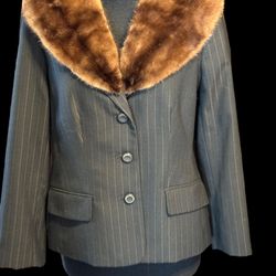 Vintage 80's Upcycled Pin Stripe Suit With Mink Collar 