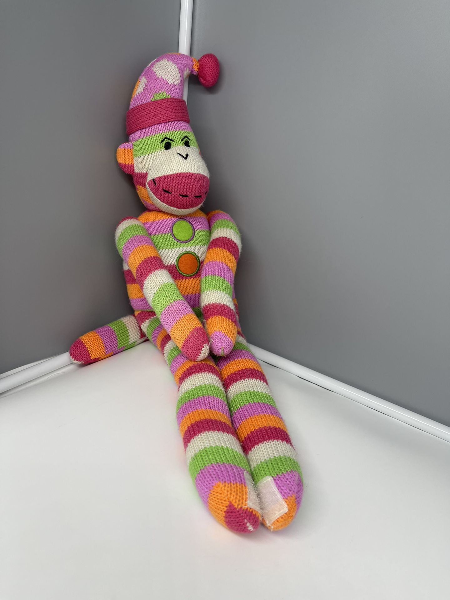 Sock Monkey Plush Colorful Stripes 20" hands and feet with hook & loop fasteners