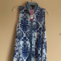 Mechant blue & white floral button-down Small DRESS /DUSTER from Hallmark. NWT!