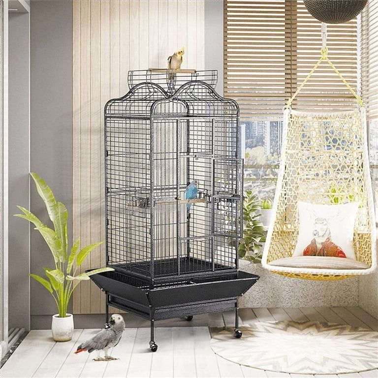 63''H Open Playtop Extra Large Bird Cage Parrot Cage for African Grey Sun Conures Parakeets Cockatiels, Large Rolling Metal Pet Cage with Stand & Open
