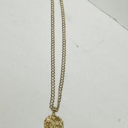 10K Solid GOLD Two-Tone Curb/Flat Cuban link 24" Chain Necklace with 10k gold 2-1/2" Lion's Head pendant 38.3 grams total weight