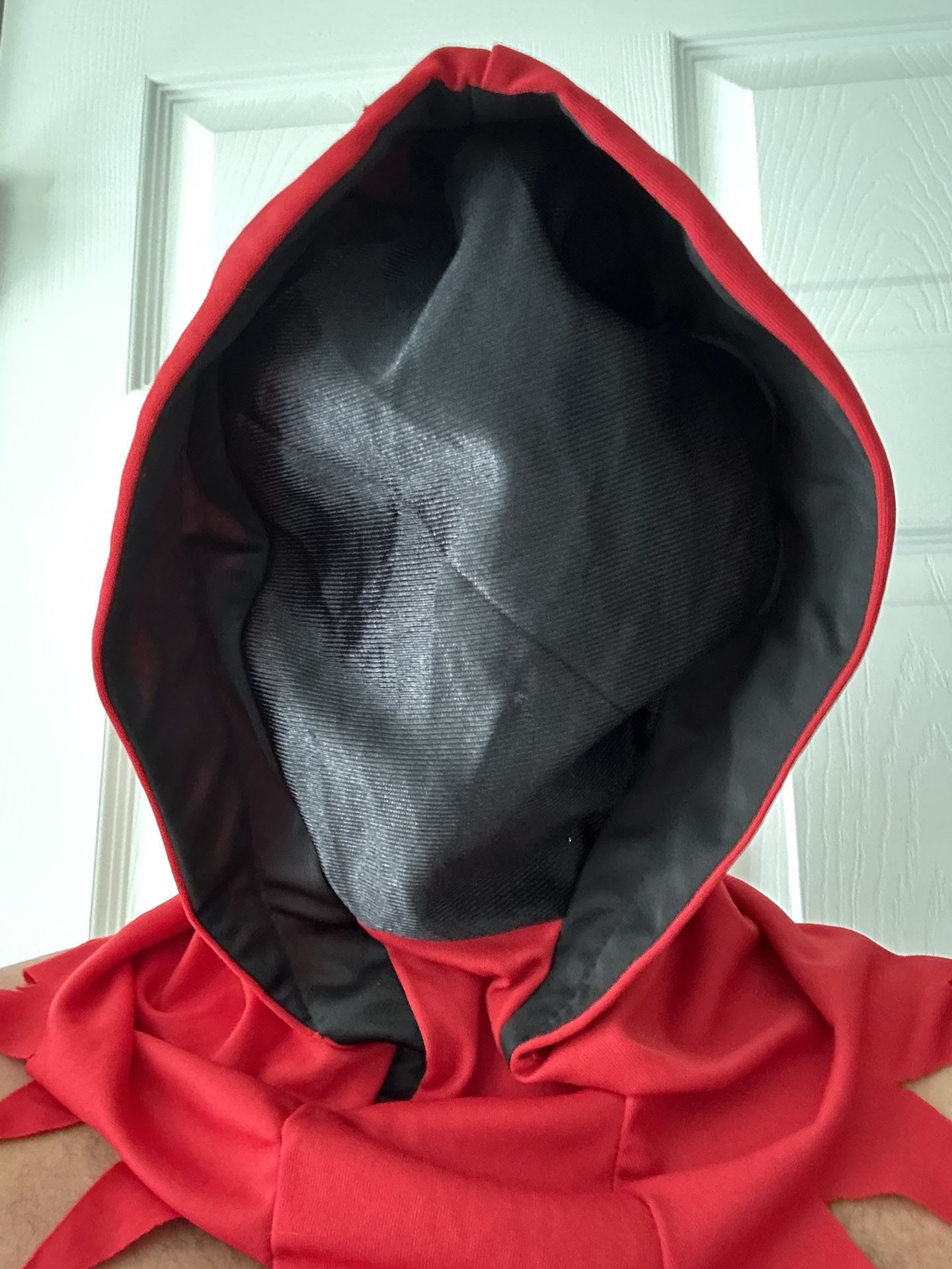 Completely Invisible Face Mask with Red Ghoul Hood. Nylon hood with mesh face that allows the wearer to see out but others can't see in. Pair up wi