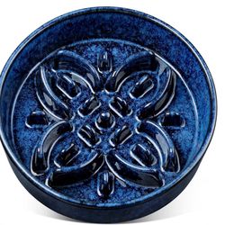 Vancasso Ceramic Slow Feeder Dog Bowls, Puzzle Dog Food Bowls with Floral Maze, Anti -Slip Pet Food Dish for Large Breed, 3 Cups, Blue