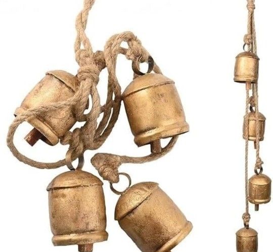 4 LARGE COW BELLS Distressed Gold hanging on a Rustic Rope| Ornamental Bells