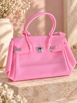 Pink Structured Tote Bag with Lock Hardware