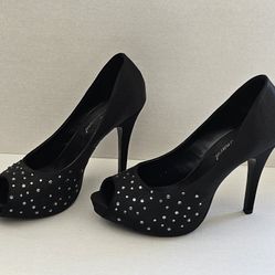 Lulu Townsend Black Satin Peep Toe Heel Pumps with Rhinestone Accent Detail