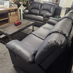 Brand New Black Bonded Leather Manual Reclining Sofa + Loveseat 2PCs Set