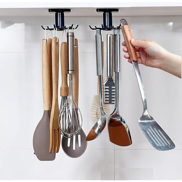 4pcs 360 °Rotation Utility Hooks,Under Cabinet Kitchen Hooks,Storage Shelf rv Must Haves,Nail Free Adhesive Kitchen Utensils Hanging Hooks for Kitchen