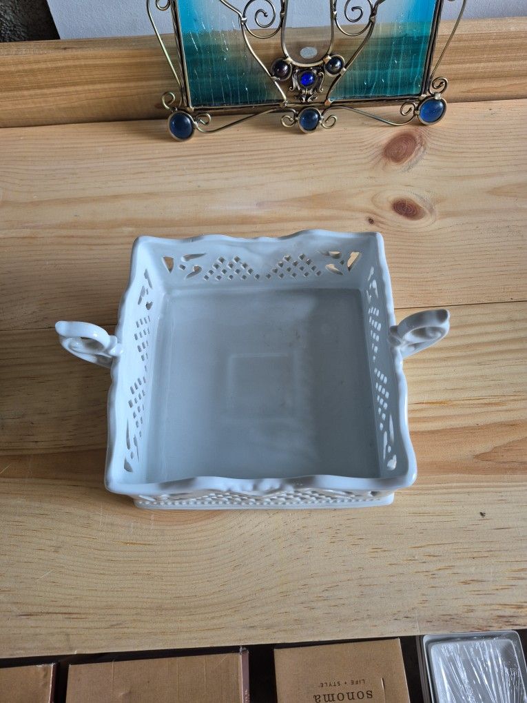 Vintage Ceramic Porcelain Treasures White Square Caddy Dish