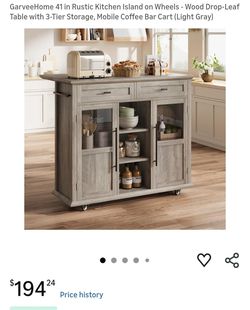 GarveeHome 41 in Rustic Kitchen Island on Wheels - Wood Drop-Leaf Table with 3-Tier Storage, Mobile Coffee Bar Cart (Light Gray)