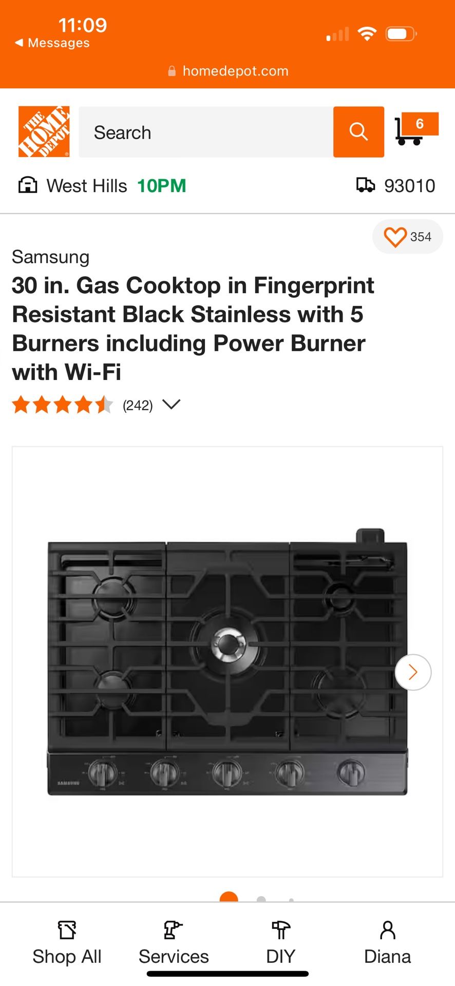 Samsung 30in 5 Burner Gas Stovetop Black