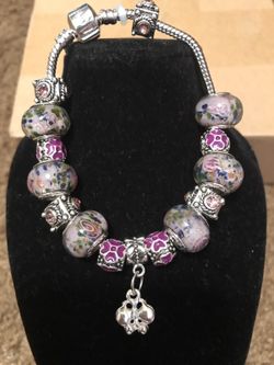 Pink and silver , grey floral beaded charm bracelet