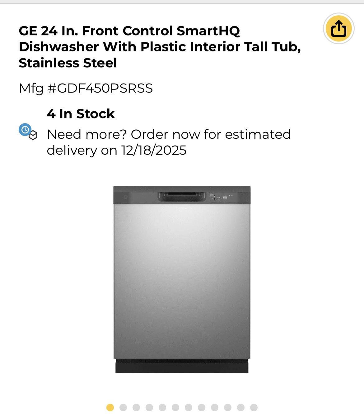 GE 24 In. Front Control SmartHQ Dishwasher With Plastic Interior Tall Tub, Stainless Steel