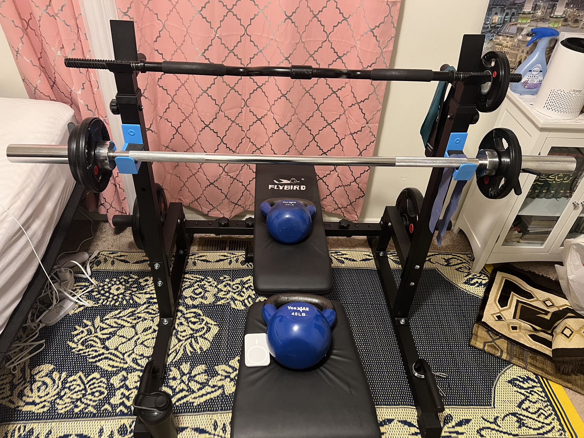 Squat Rack, Weight Plat, Bench, Barbell Set with Extra Another Barbell.