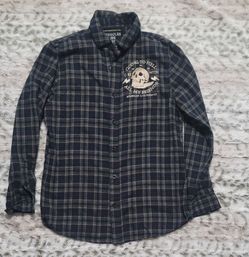 Men's Navy Plaid Button-Up Shirt with Skull Graphic A$$holes Live Forever